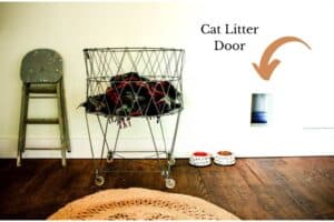 farmhouse butlers pantry with built in cat litter door and litter storage area