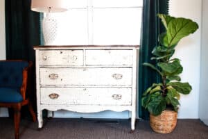 fiddle leaf fig tree and vintage farmhouse dresser and lamp for easy home decor