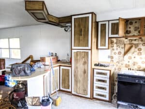mobile home kitchen cabinets and island during remodel