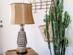 mid century modern lamp on mid century nightstand with plant and basket decor in mobile home