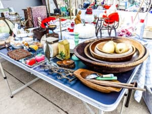 tables filled with garage sale items