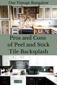 before and after pictures of a mobile home kitchen utilizing peel and stick tile backsplash