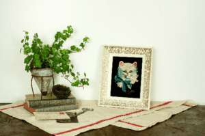 vintage framed cat picture for boho living room
