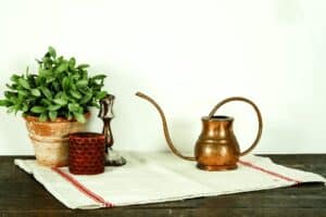 vintage copper plant watering can staged with linen towel candle potted plant and candlestick