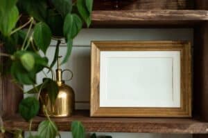 rustic wooden shelf with green vine plant mister and photo frame