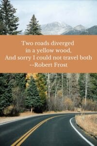 highway road with mountains and pine trees in the background robert frost quote