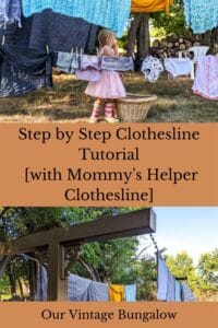 little girl playing amongst clothes hanging on outdoor clothesline in step by step clothesline tutorial