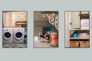 picture collage of vintage inspired storage and decor items for an unfinished basement laundry room